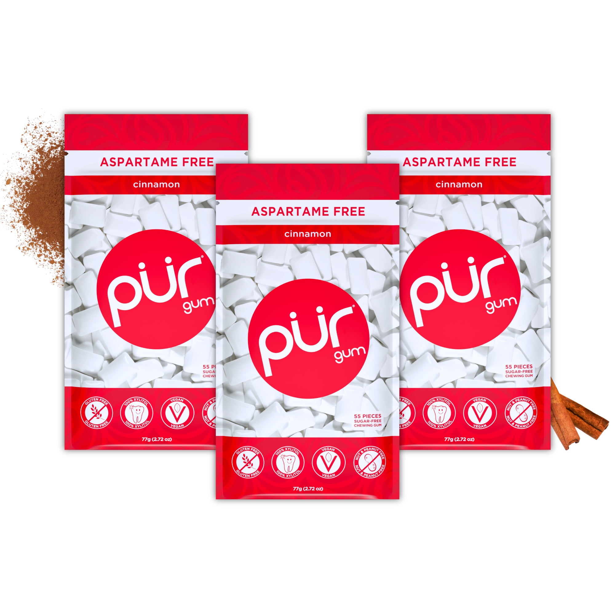 PUR Gum, Aspartame Free, Sugar Free & 100% Xylitol, Cinnamon Chewing Gum, 55 Pieces, Pack of 3