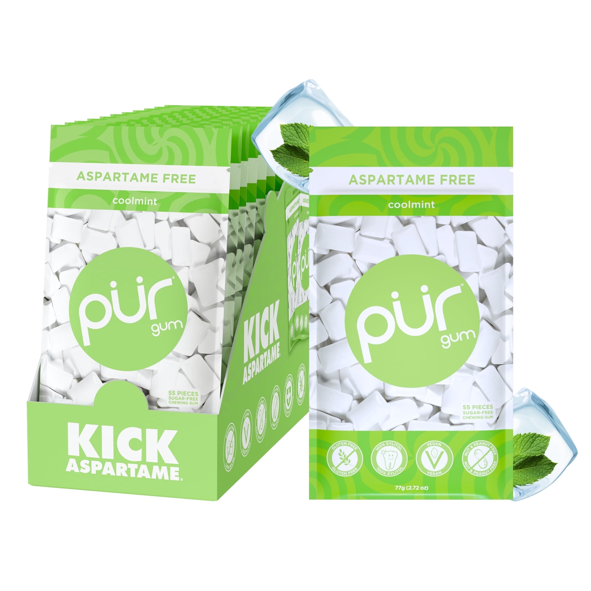 PUR Gum, Aspartame Free, Sugar Free & 100% Xylitol, Coolmint Chewing Gum, 55 Pieces, Pack of 12