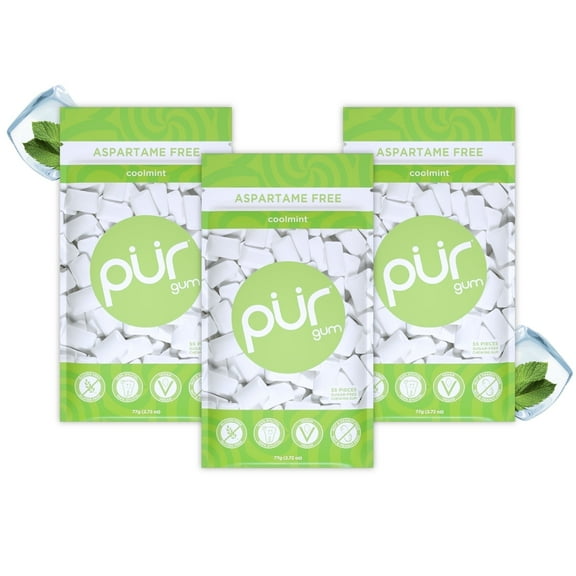 PUR Gum, Aspartame Free, Sugar Free & 100% Xylitol, Coolmint Chewing Gum, 55 Pieces, Pack of 3