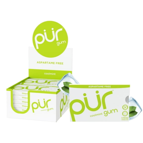 PUR Gum, Aspartame Free, Sugar Free & 100% Xylitol, Coolmint Chewing Gum, 9 Pieces, Pack of 12
