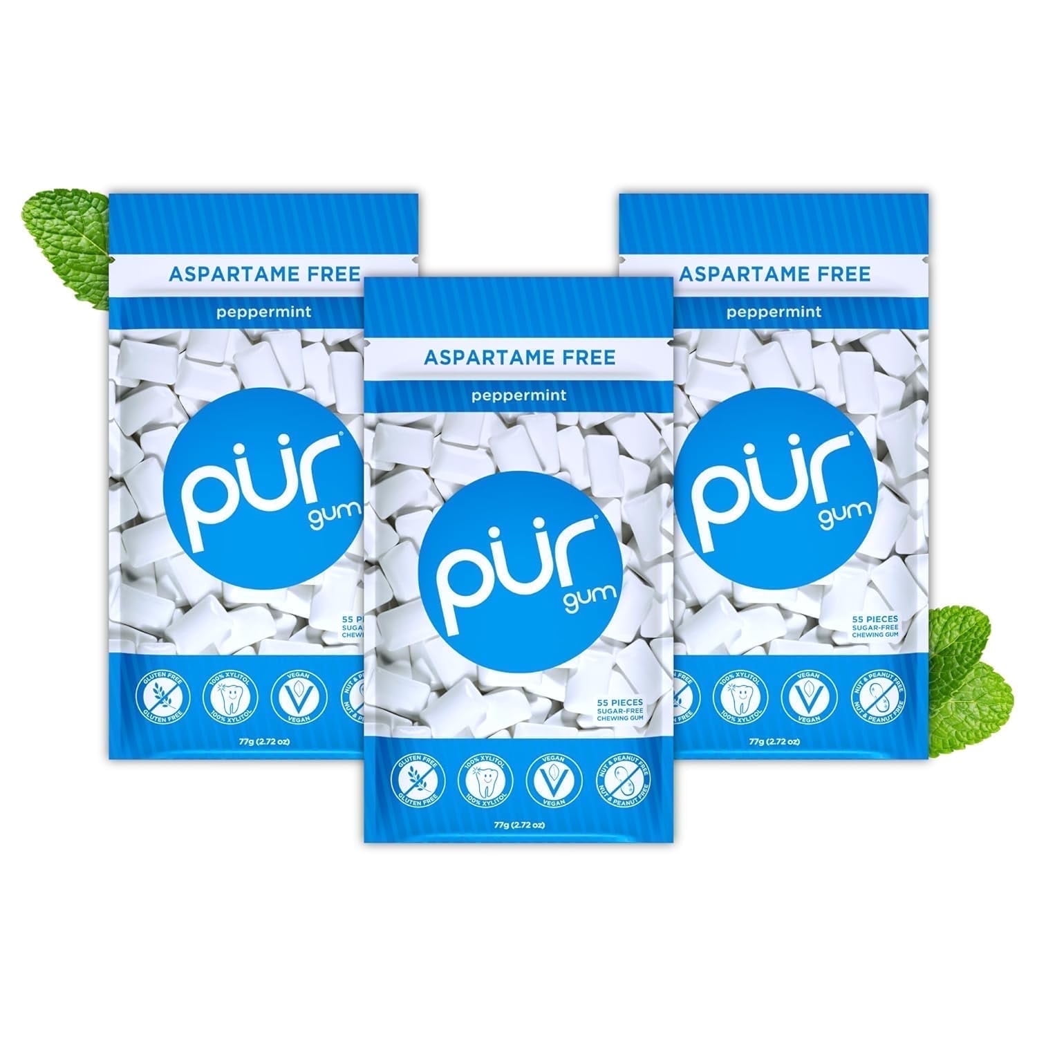 PUR Gum, Aspartame Free, Sugar Free & 100% Xylitol, Peppermint Chewing Gum, 55 Pieces, Pack of 3