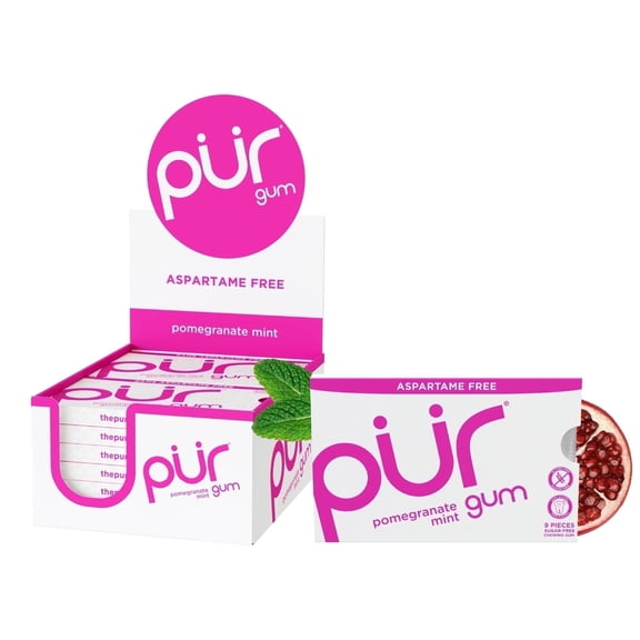 PUR Gum, Aspartame Free, Sugar Free & 100% Xylitol, Pomegranate Mint Chewing Gum, 9 Pieces, Pack of 12