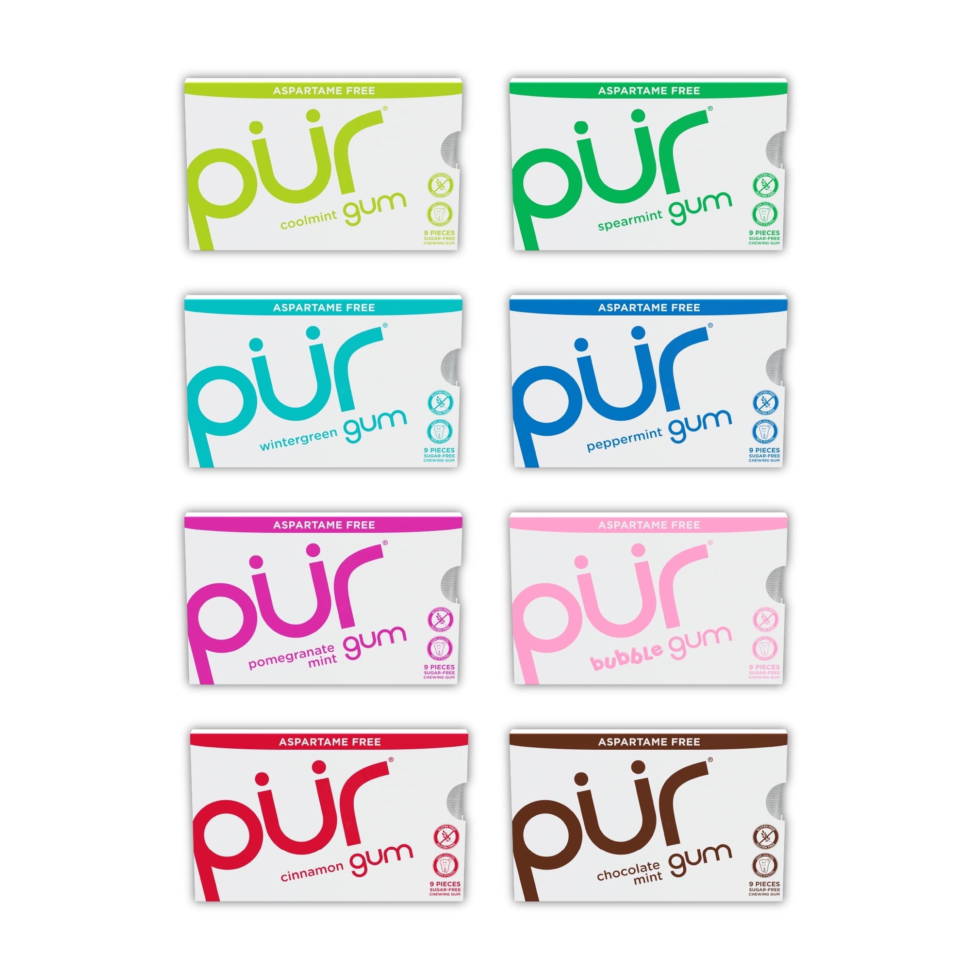 PUR Gum, Aspartame Free, Sugar Free & 100% Xylitol, Chewing Gum, Variety Pack,  9 Pieces, Pack of 8