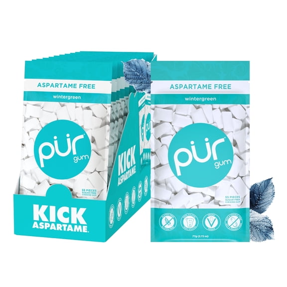 PUR Gum, Wintergreen, Aspartame Free, Sugar Free & 100% Xylitol Chewing Gum, 55 Pieces, Pack of 12