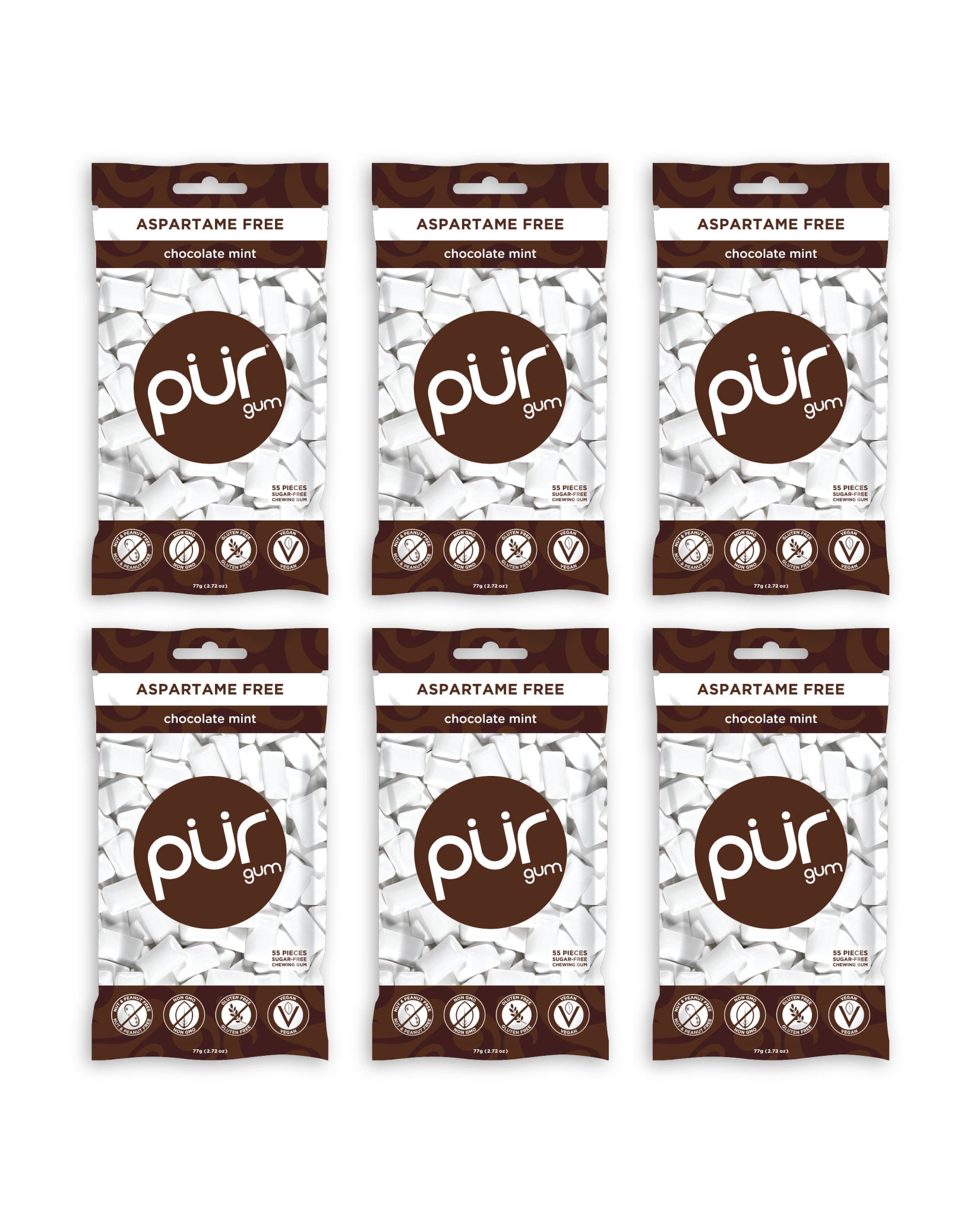 PUR Gum Aspartame Free Chewing Gum Chocolate Mint Flavored Gum 6 Pack