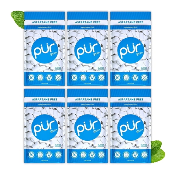 PUR Gum, Peppermint, Aspartame Free Chewing Gum, 100% Xylitol, Chewing Gum, 55 Pieces (Pack of 6)