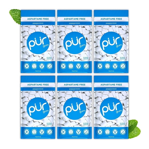 PUR Gum, Peppermint, Aspartame Free Chewing Gum, 100% Xylitol, Chewing Gum, 55 Pieces (Pack of 6)
