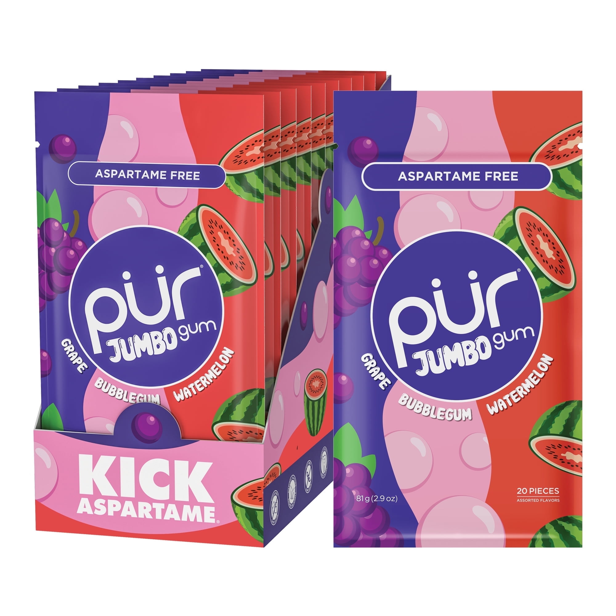PUR Jumbo Gum, Aspartame Free, Sugar Free & 100% Xylitol, Natural Bubblegum, Grape, Watermelon Flavor, 20 Pieces, Pack of 10