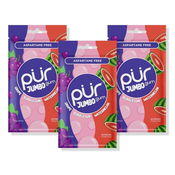 PUR Jumbo Gum, Aspartame Free Chewing Gum, 100% Xylitol, Natural Bubblegum, Grape, Watermelon Flavor, 20 Pieces (Pack of 3)