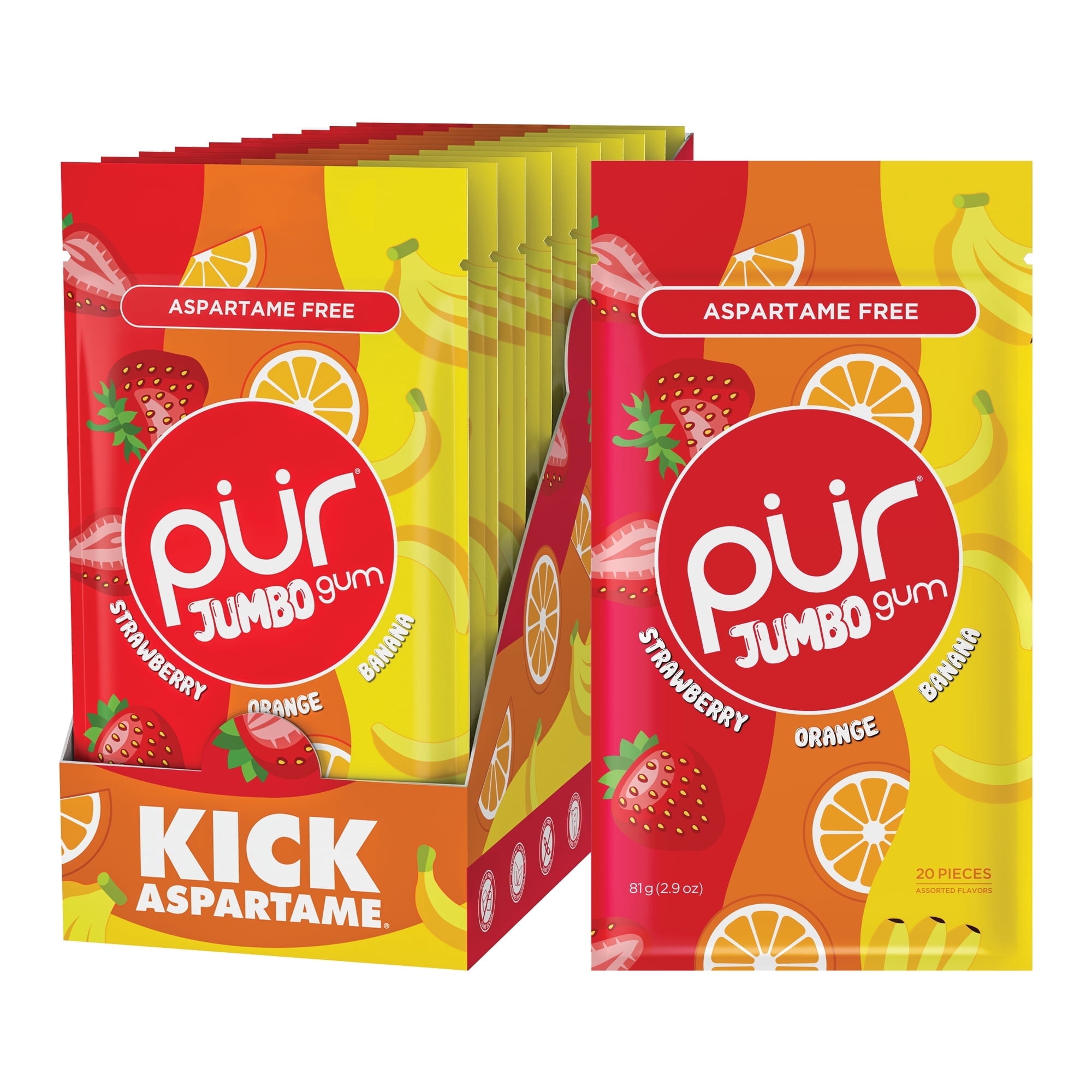 PUR Jumbo Gum, Aspartame Free, Sugar Free & 100% Xylitol, Natural Strawberry, Banana, Orange Flavor, 20 Pieces, Pack of 10