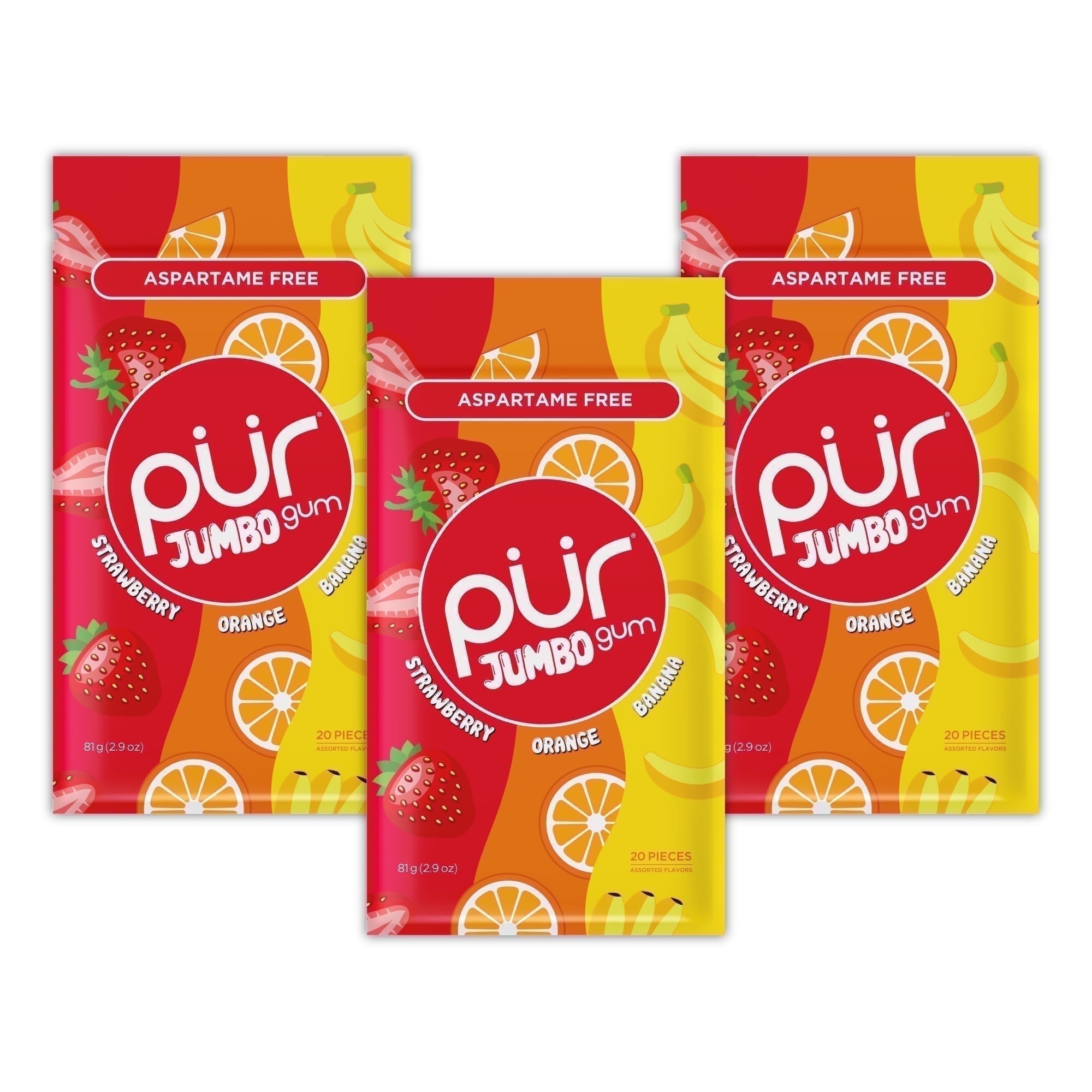 PUR Jumbo Gum, Aspartame Free, 100% Xylitol, Natural Strawberry, Banana, Orange Flavor, 20 Pieces, Pack of 3