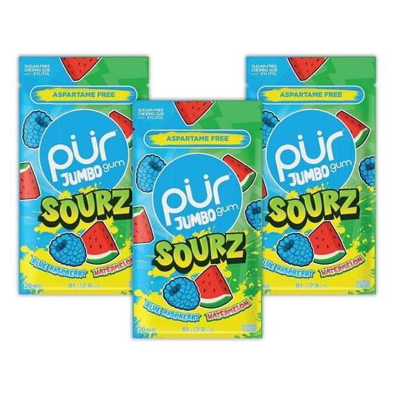 PUR Jumbo SOURZ Gum, Aspartame Free, Sugar Free & 100% Xylitol, Natural Flavor Blue Raspberry, Watermelon, 20 Pieces, Pack of 3