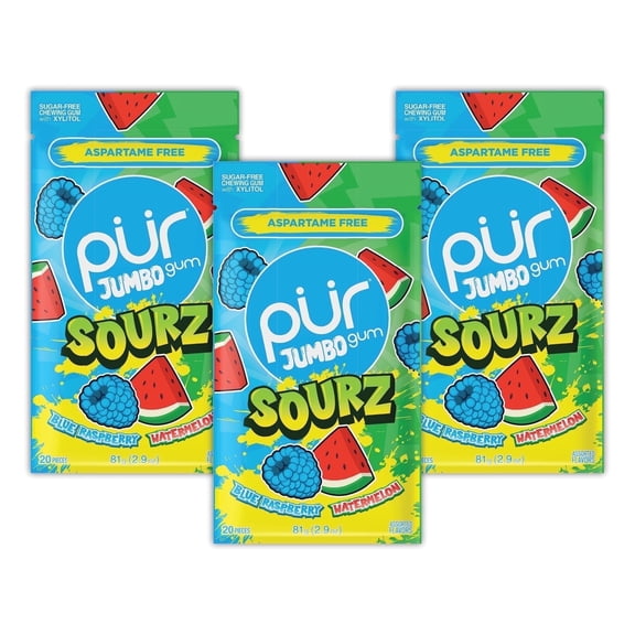 PUR Jumbo SOURZ Gum, Aspartame Free, Sugar Free & 100% Xylitol, Natural Flavor Blue Raspberry, Watermelon, 20 Pieces, Pack of 3