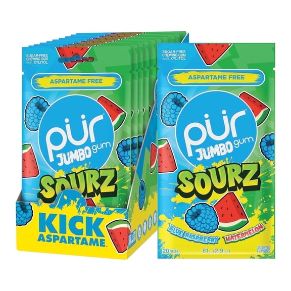 PUR Jumbo SOURZ Gum, Blue Raspberry, Watermelon, Aspartame Free, Sugar Free 100% Xylitol Chewing Gum, 20 Pieces, Pack of 10