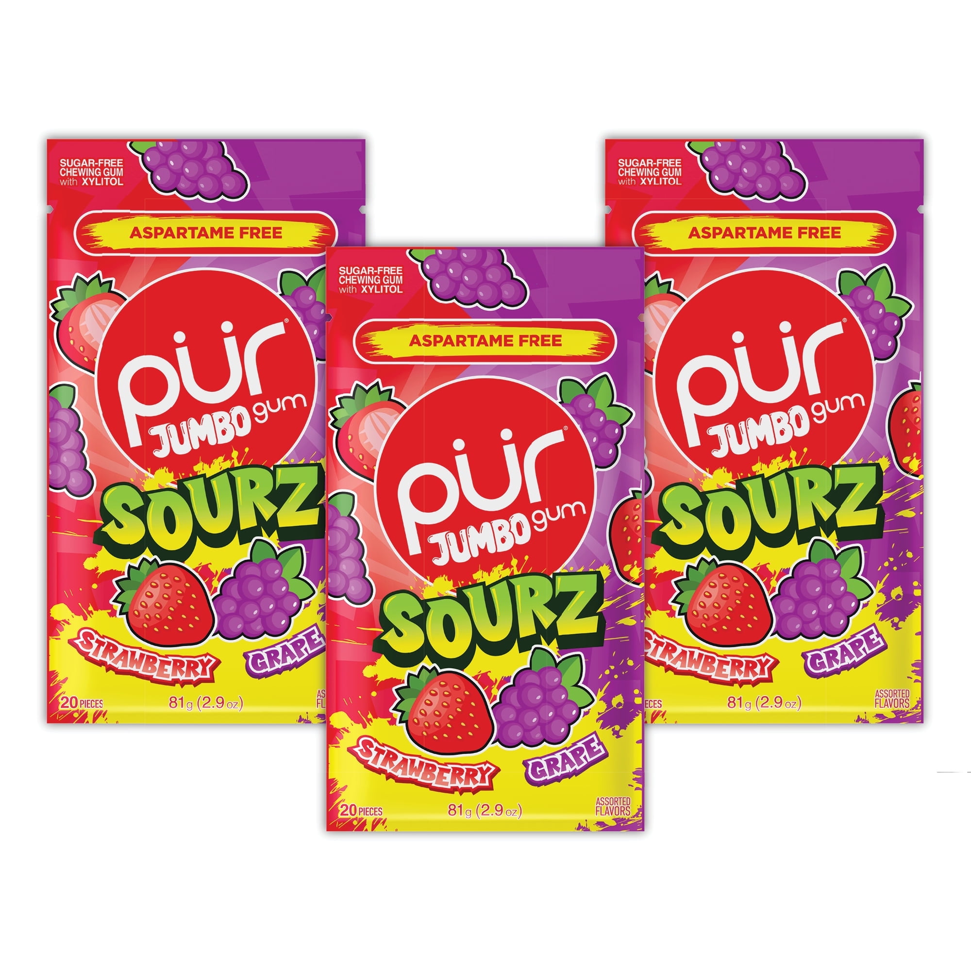 PUR Jumbo SOURZ Gum, Aspartame Free Chewing Gum, 100% Xylitol, Natural Flavor, Sour Strawberry, Sour Grape, 20 Pieces (Pack of 3)