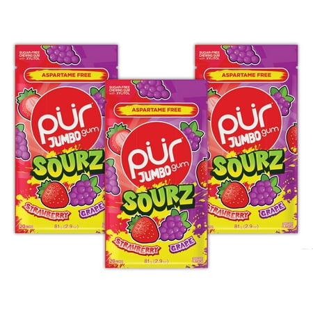 PUR Jumbo SOURZ Gum, Aspartame Free Chewing Gum, 100% Xylitol, Natural Flavor, Sour Strawberry, Sour Grape, 20 Pieces (Pack of 3)