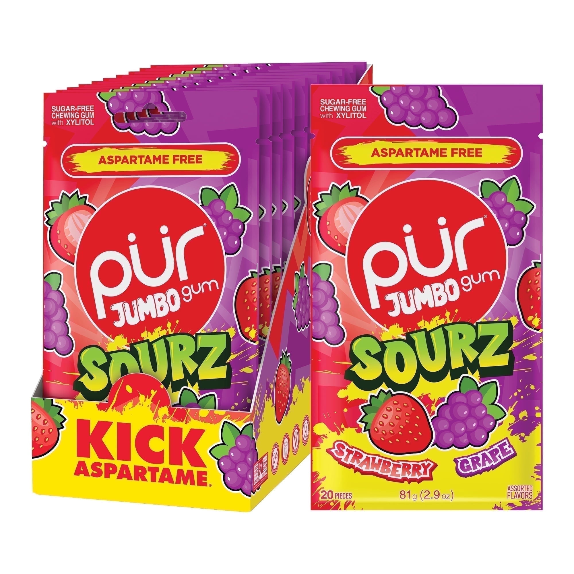 PUR Jumbo SOURZ Gum, Sour Strawberry, Sour Grape, Aspartame Free, Sugar Free & 100% Xylitol Chewing Gum, 20 Pieces, Pack of 10