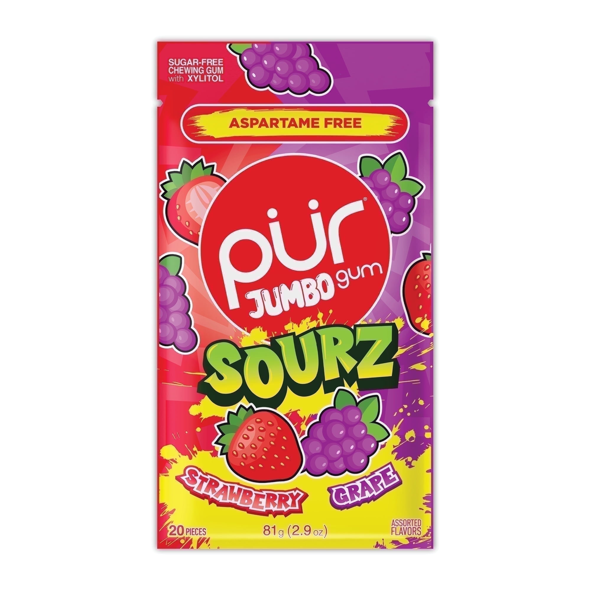 The PUR Company, Gum, Jumbo SOURZ, 20 Pieces, Sour Strawberry