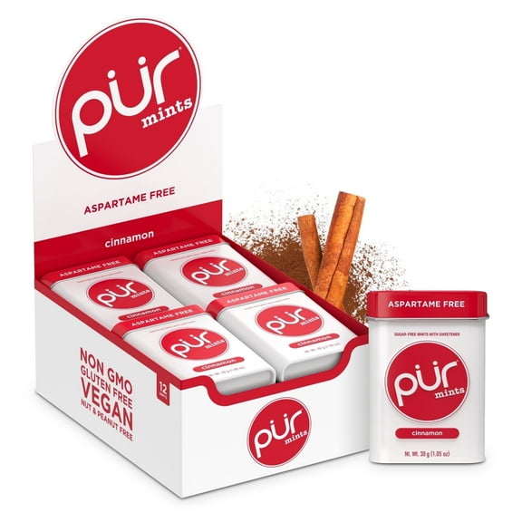 PUR Mints, Aspartame Free, Sugar Free & Made with Xylitol, Natural Cinnamon Flavored Mints, 30 Pieces, Pack of 12