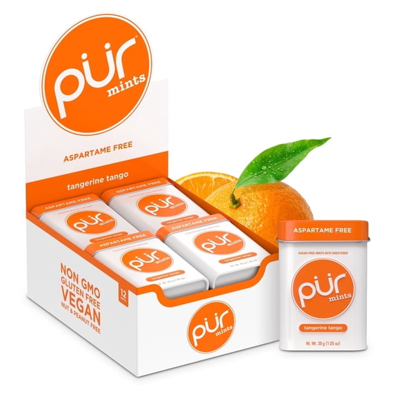 PUR Mints, Aspartame Free, Sugar Free & Made with Xylitol, Natural Tangerine Tango Flavored Mints, 30 Pieces, Pack of 12