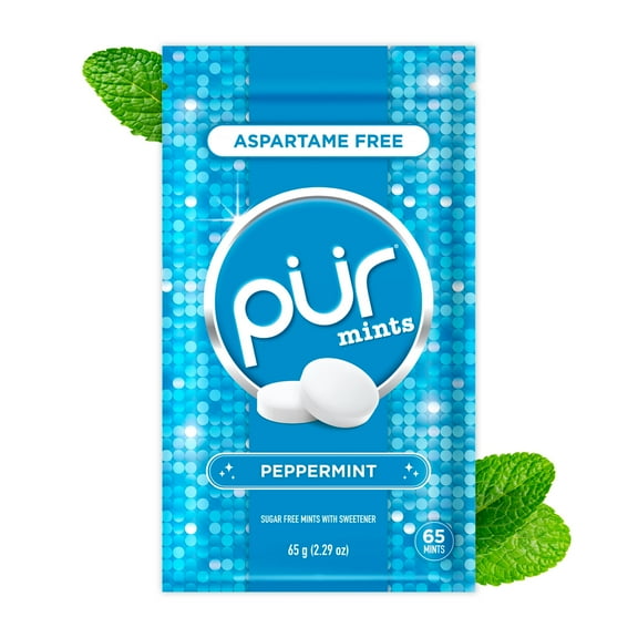 PUR Mints, Aspartame Free, Sugar Free & Made with Xylitol, Natural Peppermint Flavored Mints, 65 Pieces, Pack of 1