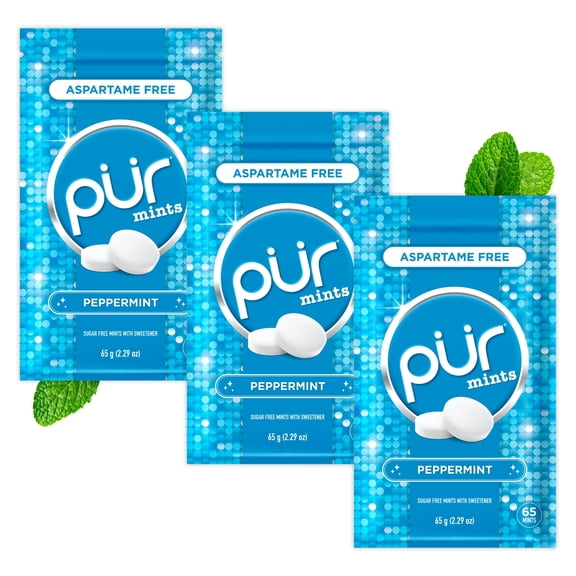 PUR Mints, Aspartame Free, Sugar Free & Made with Xylitol, Natural Peppermint Flavored Mints, 65 Pieces, Pack of 3