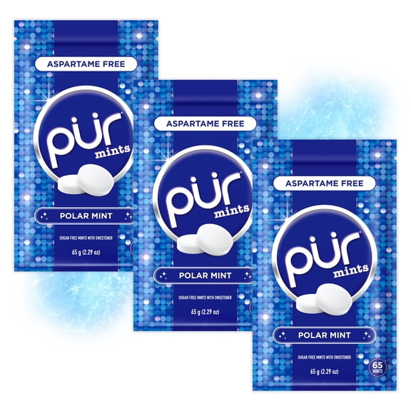 PUR Mints, Aspartame Free, Sugar Free & Made with Xylitol, Natural Polar Mint Flavored Mints, 65 Pieces, Pack of 3