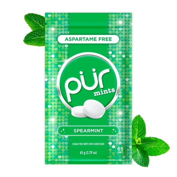 PUR Mints, Aspartame Free, Sugar Free & Made with Xylitol, Natural Spearmint Flavored Mints, 65 Pieces, Pack of 1