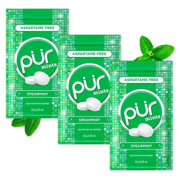 PUR Mints, Aspartame Free, Sugar Free & Made with Xylitol, Natural Spearmint Flavored Mints, 65 Pieces, Pack of 3
