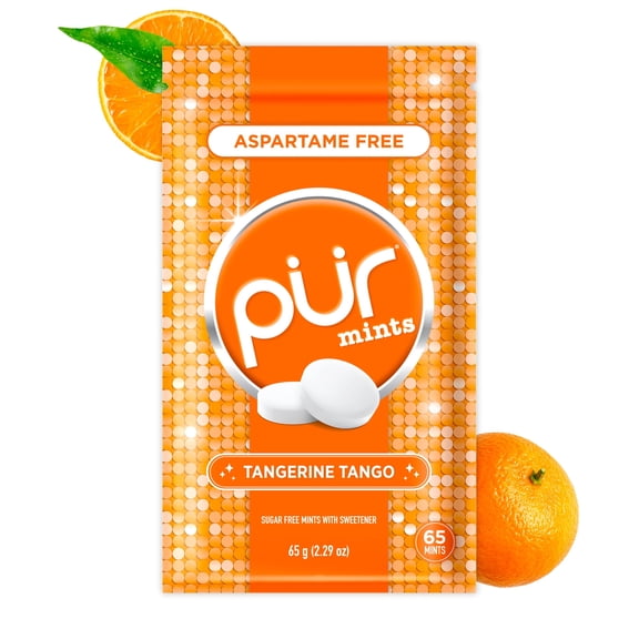 PUR Mints, Aspartame Free, Sugar Free & Made with Xylitol, Natural Tangerine Tango Flavored Mints, 65 Pieces, Pack of 1