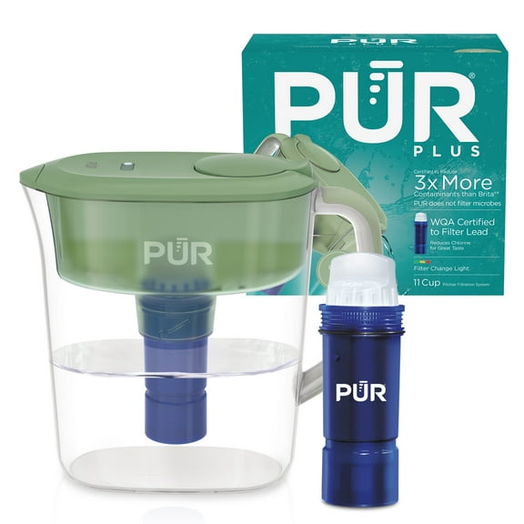 PUR PLUS 11 Cup Water Pitcher with Lead Reducing Filter, W 9.6" x H 10.1" x L 4.5", Sage, PPT111M