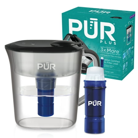 PUR PLUS 11 Cup Water Pitcher with Lead Reducing Filter, W 9.6" x H 10.1" x L 4.5", Smoke, PPT111BA