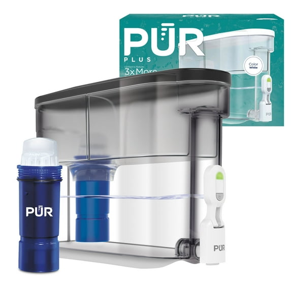 PUR PLUS 30-Cup Water Filter Dispenser with 1 Lead-Reducing PUR PLUS Filter, Dishwasher Safe, Powerful Filtration, Large Capacity with Slim, Space-Saving Design, Smoke (DS1811B)
