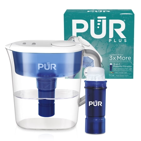 PUR PLUS 11 Cup Water Pitcher with Lead Reducing Filter, W 9.6" x H 10.1" x L 4.5", Blue, PPT111W