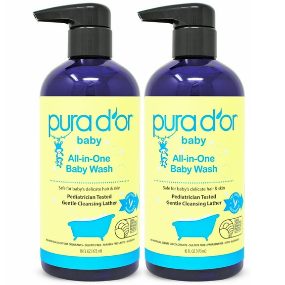 PURA D'OR All-in-One Baby Wash (16 Oz x2 = 32 Oz) USDA Biobased, Zero Sulfates, No Artificial Scents, Tear-Less, Hypoallergenic, Gentle, Calming 2-in-1 Baby Bath Wash & Shampoo