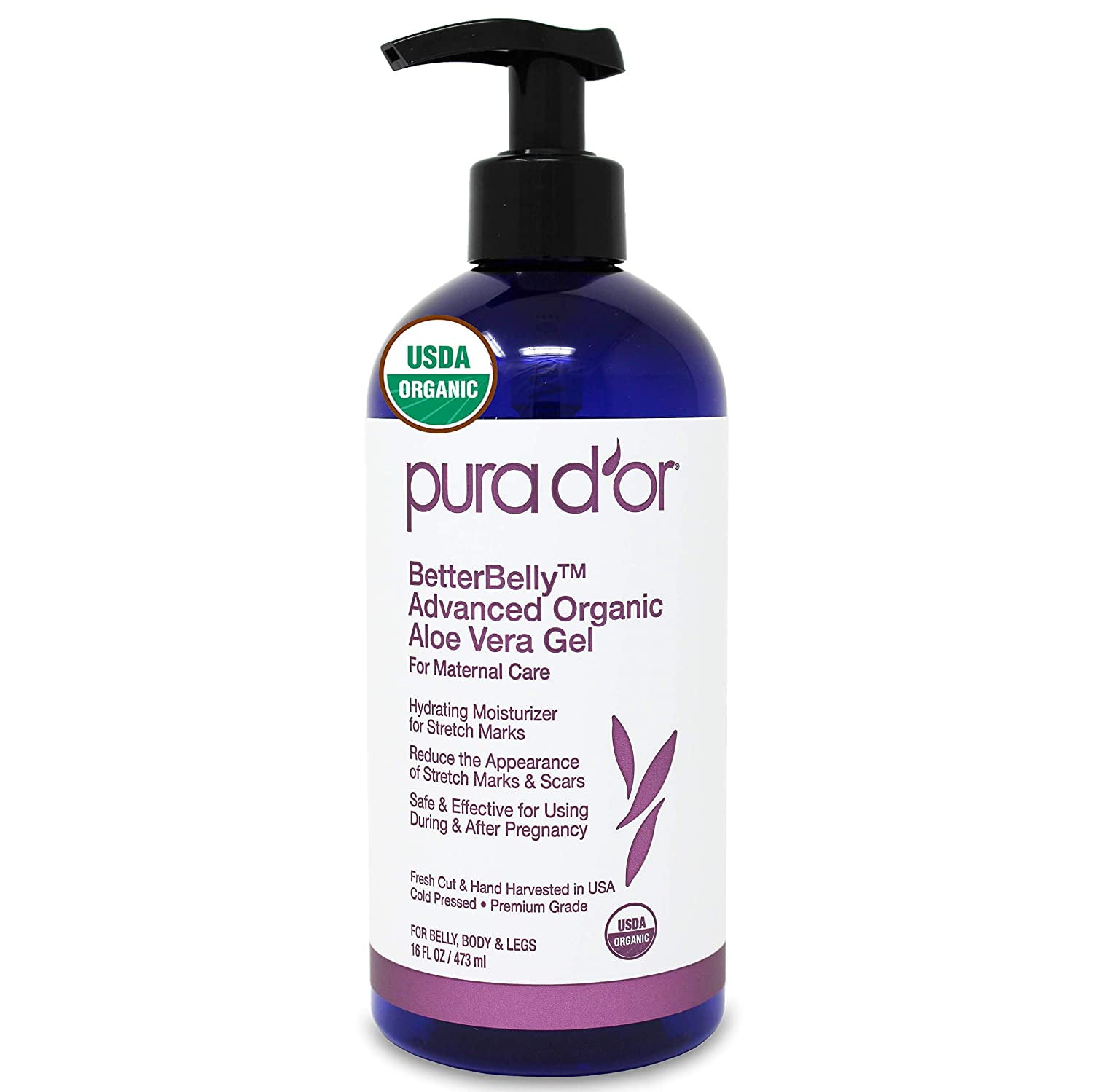 PURA D'OR BetterBelly Advanced Organic Aloe Vera Gel (16 fl oz / 473 mL)  For Maternal Care - Hydrating Moisturizer, Reduces Appearance of Scars & ...