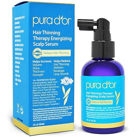 PURA D'OR Hair Thinning Therapy Energizing Scalp Serum Revitalizer (4oz) with Argan Oil, Biotin, Caffeine, Stem Cell, Catalase & DHT Blockers, All Hair Types, Men & Women (Packaging may vary)