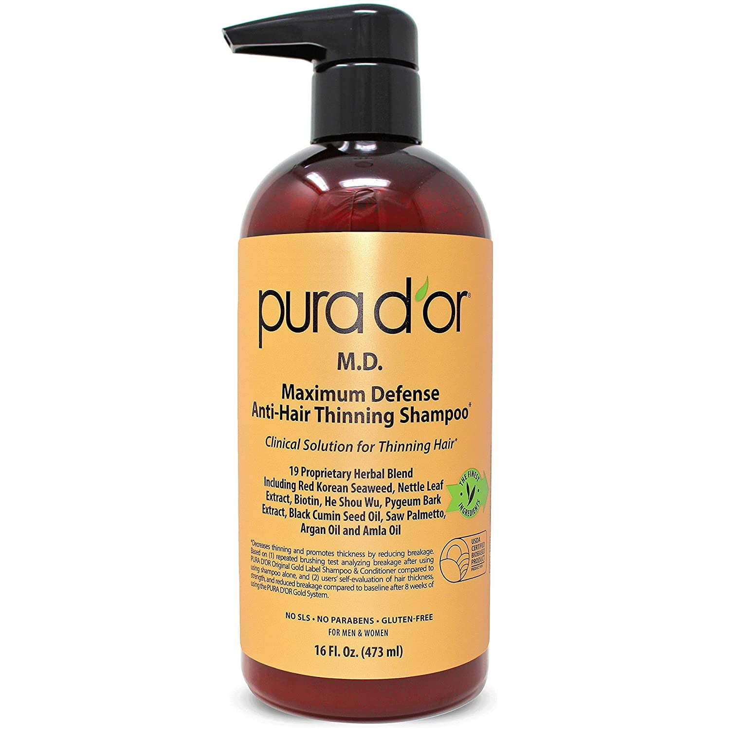 PURA D'OR MD Anti-Hair Thinning Shampoo w/ 0.5% Coal Tar, Biotin Shampoo  (16oz) 19+ DHT Herbal Blend for Dry & Itchy Scalp, No Sulfates, For Men 