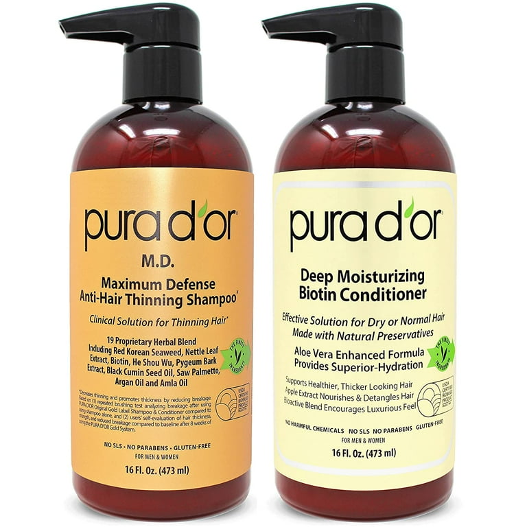 Pura D'or MD Anti-Thinning Shampoo w/ Biotin, Coal-Tar 19+ Herbal Blend & Deep Moisturizing Conditioner Set: Reduce Hair Thinning and Healthy Scalp