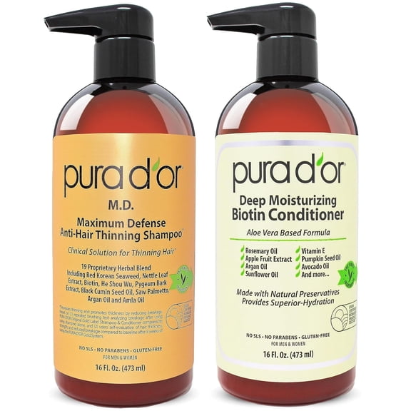 PURA D'OR MD Maximum Defense Anti-Thinning Shampoo & Deep Moisturizing Conditioner Set (16 Fl Oz X 2)