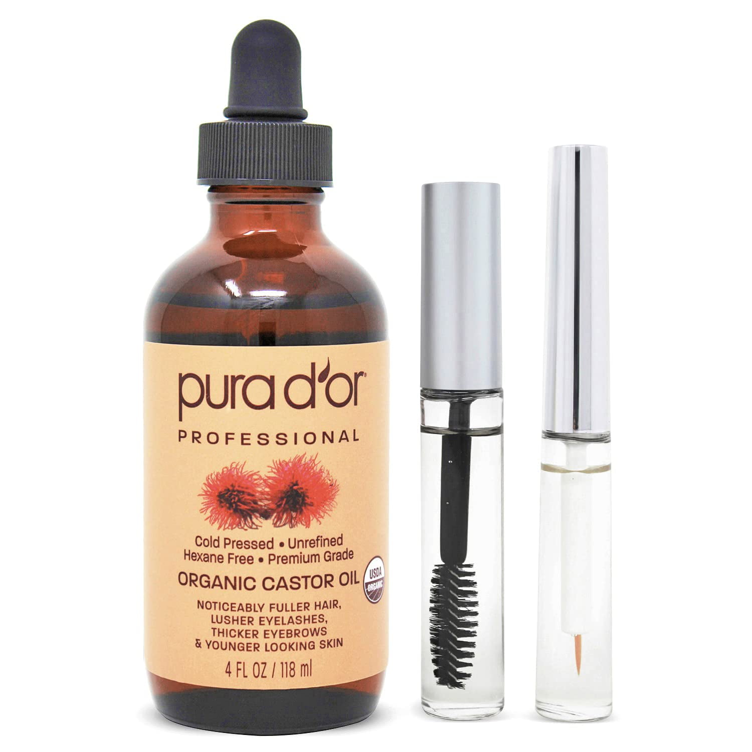 PURA D'OR Organic Castor Oil with 2 Bonus Brushes - 100% Pure Cold Pressed  Hexane Free Serum for Lashes, Brows & Skin