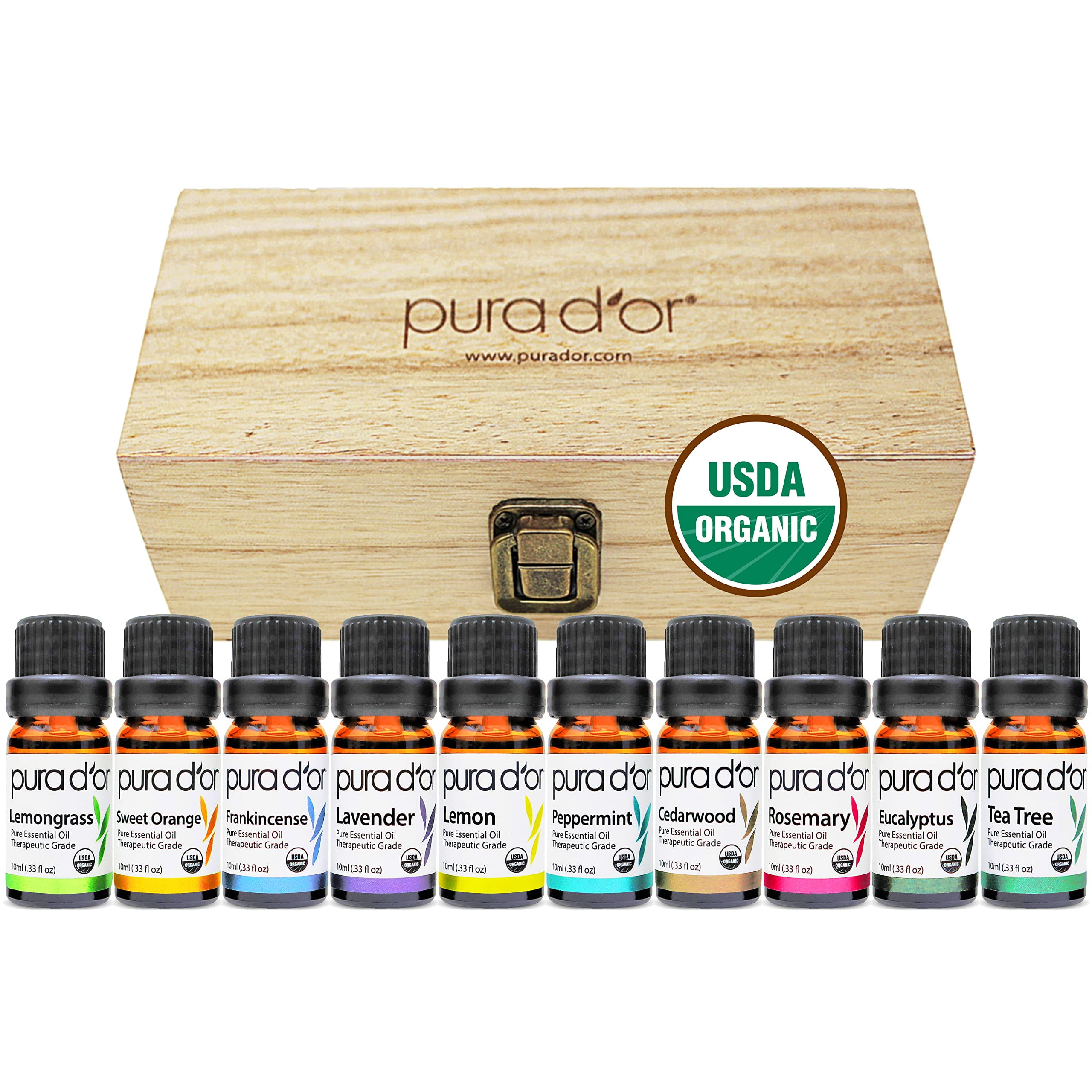 Pura D'or Organic Essential Oil Set with Wooden Box