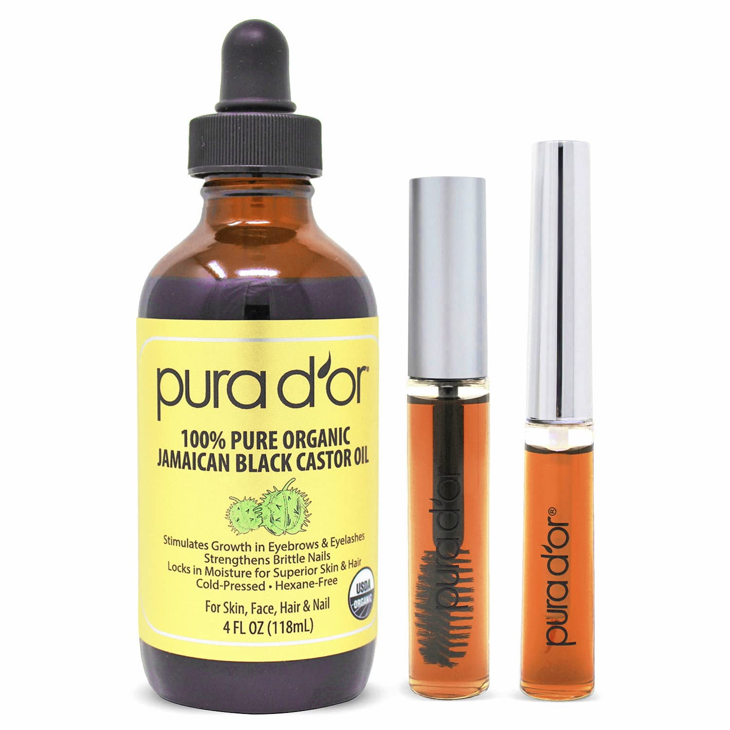 PURA D'OR Organic Jamaican Black Castor Oil (4oz + 2 BONUS PreFilled