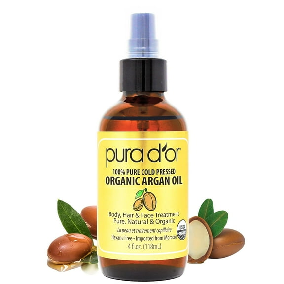 PURA D'OR Organic Moroccan Argan Oil (4oz / 118mL) USDA Certified 100% Pure Cold Pressed Virgin Premium Grade Moisturizer Treatment for Dry & Damaged Skin, Hair, Face, Body, Scalp & Nails