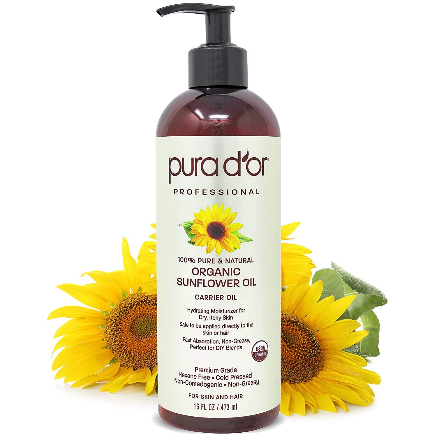 PURA D'OR Organic Sunflower Seed Oil (16oz) USDA Certified 100 Pure