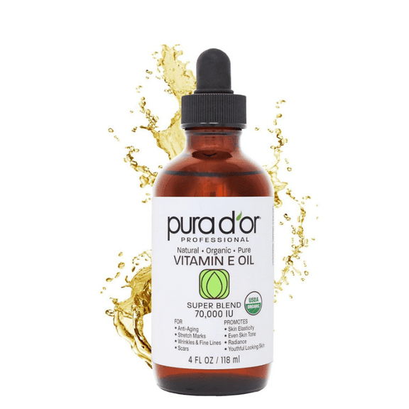 PURA D'OR Organic Vitamin E Oil (4oz / 118mL) 70,000 IU 100% Pure Natural USDA Organic For Skin Face Hexane Free w/Sweet Almond, Apricot, Jojoba, Argan, Rosehip