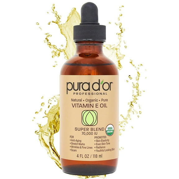 PURA D'OR Organic Vitamin E Oil Blend 70,000 IU (4oz / 118mL) 100% Natural Hexane Free, Sweet Almond, Apricot, Jojoba, Argan, Rosehip, Sunflower & Avocado Bath Oil for Scars, Skin, Face & Full Body