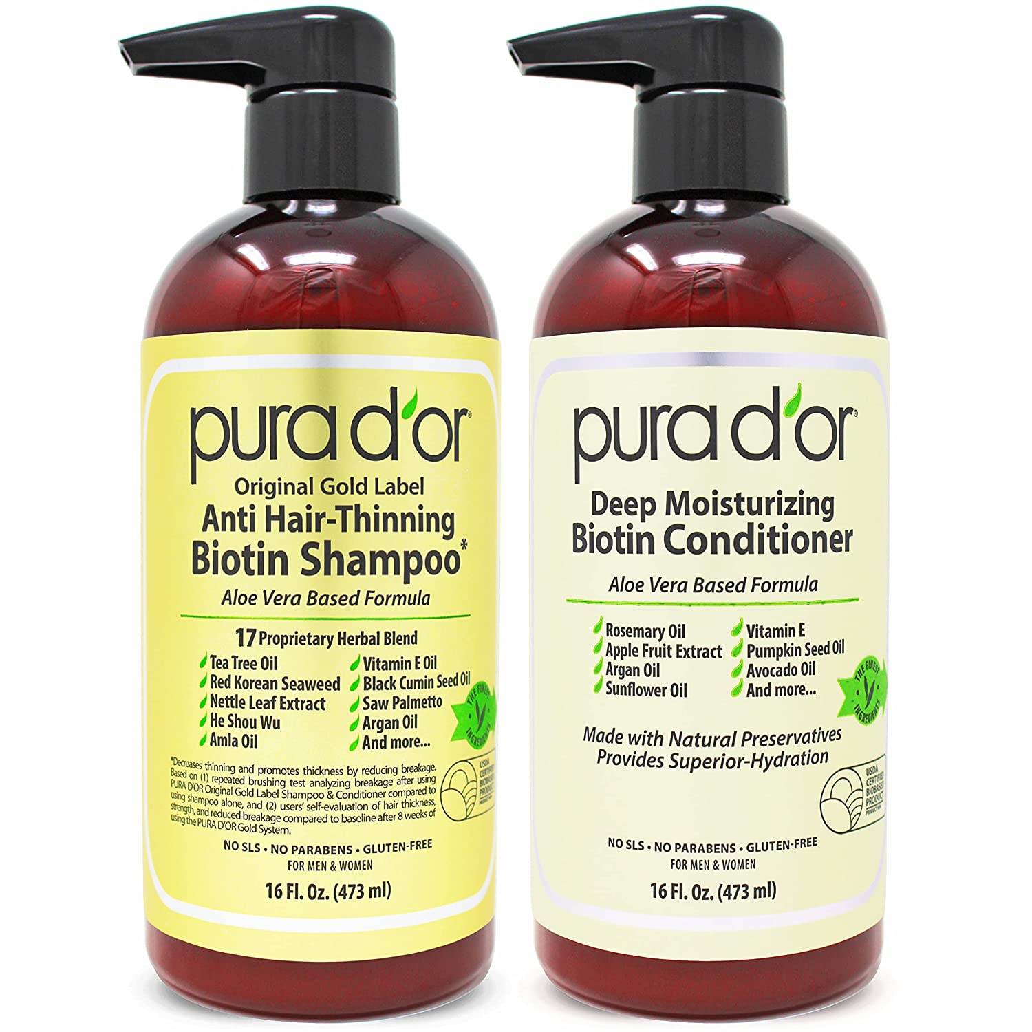 PURA D'OR Original Gold Label Anti Hair Thinning Biotin Shampoo & Deep Moisturizing Biotin Conditioner Set (16 Fl Oz X 2) - image 1 of 7