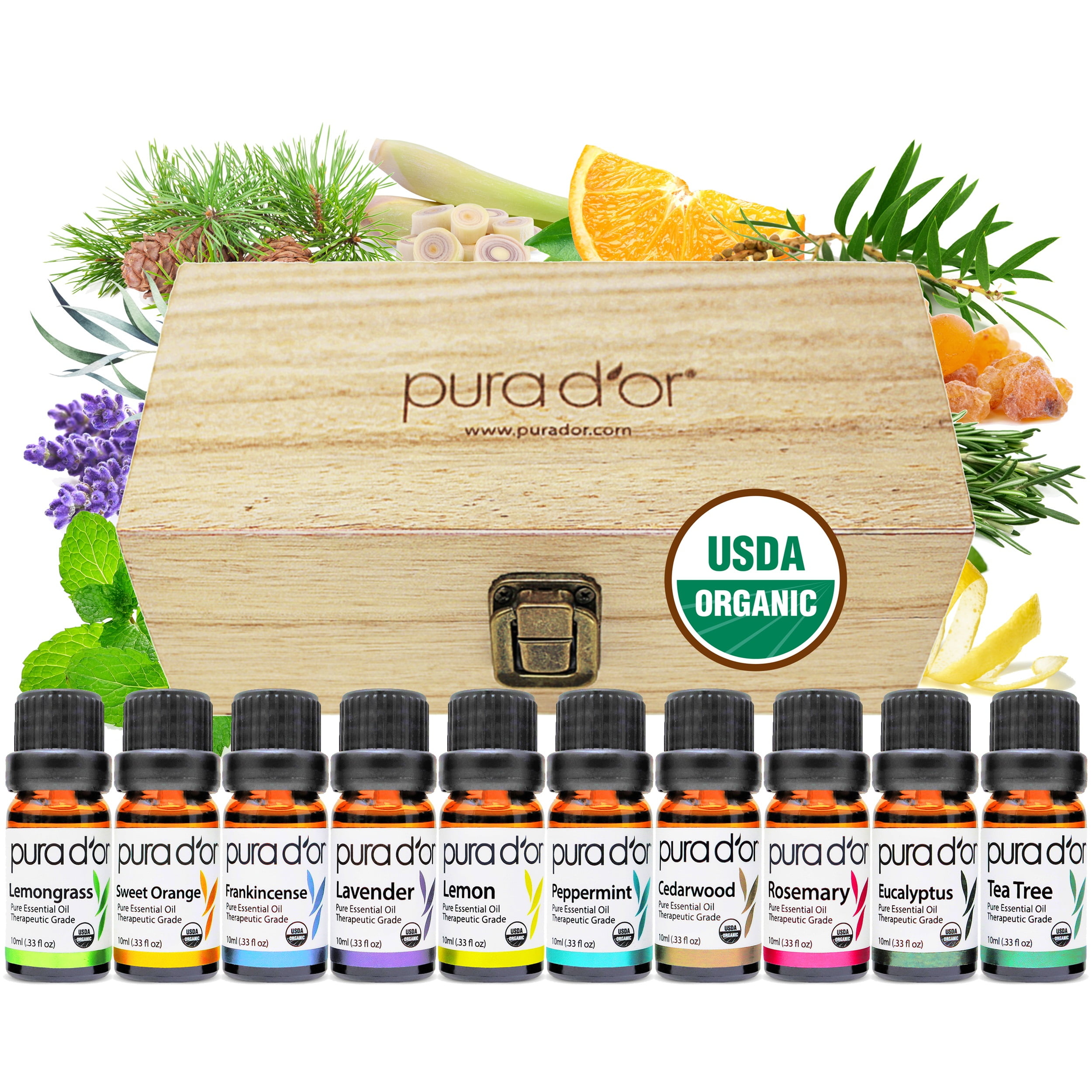 Pura D'or Organic Essential Oil Set with Wooden Box