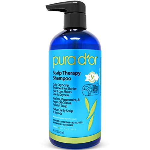 PURA D'OR Scalp Therapy Shampoo (16oz) Hydrates Nourishes Scalp - Scalp Care Shampoo For Itchy Flaky Tea Tree, Peppermint, Patchouli, Cedarwood, Clary Sage, Argan Oil (Packaging vary) -